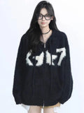 Faux Mink Cashmere Y2K Cardigan Sweater Women Streetwear American Vintage Knitted Hooded Jackets Hip Hop Star Letter Bf Tops New