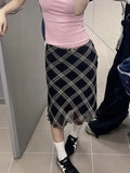 Vintage 90s Plaid Skirt Women Summer Korean Style Casual Mesh Print High Waist Slim Midi Skirt Girl Y2k Streetwear