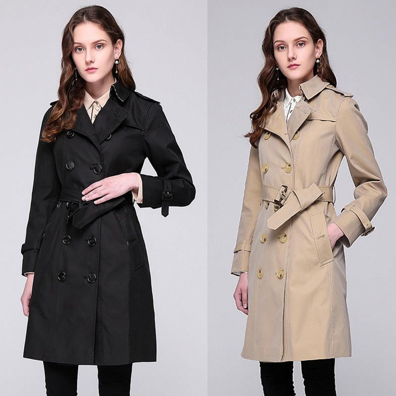 Trench Women's Spring and Autumn Classic British Double breasted Medium Length Waterproof Trench Coat