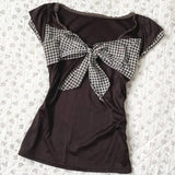 Pbong  Y2k Japanese Lolita Kawaii Slim Bow Short Sleeve Tees Subculture Sweet Vintage T Shirt 2000s Harajuku Plaid Patchwork Tops Chic