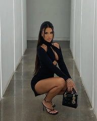 Hollow Wrap Sexy Dress Women Long Sleeve Autumn Trend Turtleneck Side Split Mini Bodycon Birthday Party Slim Clubwear