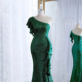 Pbong  Sequin Ruffle Formal Dresses One Shoulder Mermaid Evening Gown Sparkly Long Maxi Dress with Slit