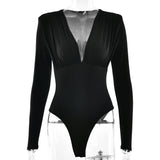 Pbong   Sexy Deep V-neck Long Sleeve Women Bodysuit Black High Waist Ruched Playsuit Autumn Slim Elegant Party Clubwear