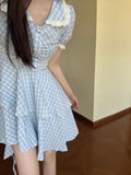 Pbong  French Sweet Dresses Peter Pan Collar Puff Sleeve Plaid Pleated Irregular Ruffles Dress Summer Female Slim Women's Clothing