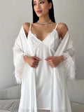 White Slip Dress +belted Cardigan Jacket Two Piece Set Sexy Feather Satin Pajamas Spring Summer Sleepwear Women Clothing 2025