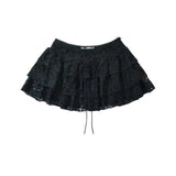 Pbong  Women Yellow Black Y2K Lace Mini Skirt Sexy Low Waist Side Zipper A-line  Layered Summer Skirts With Short Lining