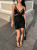 Pbong  Solid Loose Spliced Lace Chic Dress for Women V Neck Sleeveless Luxury Temperament Dresses Female Summer Fashion