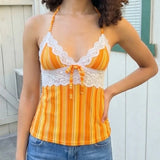 American Spce Girl Lace Edge Style Tank Tops Y2k Aesthetic Constrast Color Striped Punk Camisole Harajuku Slim Waist A-line Tees
