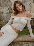 Fashion Skirt Two Piece Set For Women Off-shoulder Sheer Long Sleeve Crop Tops And Long Skirt Sexy Two Piece Sets