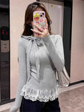 Knit Bow Tied Basic Top Women Patchwork Lace Ruffles Slim fit Long sleeve T-shirt Solid color Plain Tees Shirt Ladies Korean