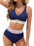 2025 Women's Bikinis Set Contrast Zigzag Print Crossover Bikini Swimsuit Plunging Neck High Waist Two Piece Swimwear