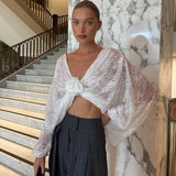 Flower Splice Mesh Shirts For Women Sexy See Through Loose Long Sleeve Crop Tops Hot Girls Club Lace Shirt Lady New