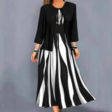 Pbong  Plus Size Plus Size Geometric Print Long Sleeve Dress And Jacket Set Two Piece Set Large Size Polyester Fiber Women's Fashion