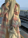 Winter Rainbow Woollen Coats Women Casual Warm Loose Plaid Long Coats Female Korean Fashion Office Lady Trench Jackets Y2k