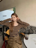 Slim Y2K Striped T Shirt Women Streetwear American Long Sleeve Retro Tees Fall Sexy U Neck Female Harajuku Vintage Tops New