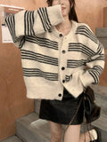 Women Cardigan Sweater Striped Crew Neck Button-up Sweater Jacket Comfy Cozy Slouchy Cardi Autumn Winter French Chic Outfit