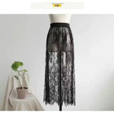 2 Length Elegant Black Skirt White Lace Transparent Long Tulle Skirt Ladies Elastic High Waist Beach Midi Skirt