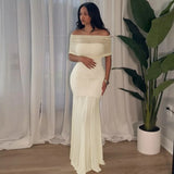Mesh Patchwork Strapless Sexy Maxi Dress For Women Fashion Off-shoulder Backless High Waist Ruched Slim Party Dress Summer 2025