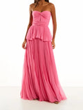 Women Pink Pleated Puff Hem Maxi Dress Sexy Backless Sleeveless Strapless High Waist Long Dresses Elegant Evening Party Robes