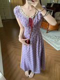 Pbong  Flower Print Vintage Robe Femme Lace Patchwork High Waist Dresses for Women Korean Temperament Maxi Dress