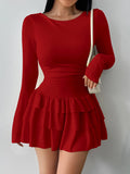 Pbong  New Autumn Winter Solid Color Cascading Ruffles Mini Dress Women Elegant Flare Sleeve High Waist Sexy Party Bodycon Dresses