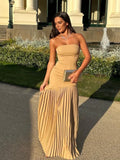 Women Solid Pleated  Hem Patchwork Long Dress Fashion Backless Strapless Sleeveless Slim Maxi Dresses Sexy Vocation Streetwear