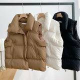  Winter Cotton Vest Women Warm Coat Turn-down Collar Zipper Sleeveless Jacket Overcoat Loose Drawstring Waistcoat Vest Coat