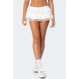Pbong  Women's Summer Y2K Cute Layered Mini Skort Lace Trim Patchwork Ruffled Layered Tiered Elastic Low Waist A-Line Skirts