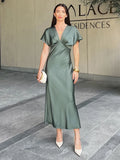 V-neck Flare Sleeve Party Dress Simple All-match Solid Color Satin Long Dress New High Waist Fashion Chic Femme Vestidos