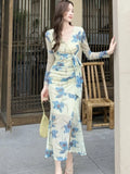 Women Fashion Printed Mesh Long-sleeve Dresses Korean Casual Vacation Style Autumn Elegant Bodycon Pencil Birthday Party Dress