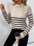 Autumn and winter women's fashionable lace round neck striped long sleeved knitted sweater