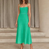 Women's High Waist Knit Dress Sleeveless Pleated Long Dress Casual Vacation Beach Slip Dresses Summer Fashion Female Clothing