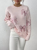 Autumn and Winter Women's Bead Embroidered Bow Sparkling Long Sleeve Hooded Knitted Sweater
