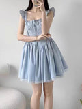 Pbong  Sweet French Blue Dress Women Elegant Lace Patchwork Retro Sexy Mini Dress Casual Square Collar Flying Sleeve Vestidos New
