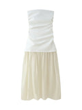 Fashion White Beige Patchwork Strapless Long Dress New Slim Pleat Women Summer Dress Vacation Beach Chic Woman Clothing