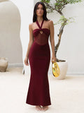 Hollow Out Halter Sexy Maxi Dress Women Gown Summer New See Through Mesh Sleeveless Backless Bodycon Club Long Dress