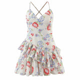 Pbong  Floral Print Mini Dress Summer Holiday Chic Dress Women Spaghetti Straps V-neck Ruffles Tiered Party Ladies Dresses
