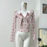 Pbong   Hot Girl Leopard Printed T-shirt Long Sleeve Women Spring Summer New Knot Waistline Slim-fit T-shirt Lace Patchwork Halter Tops
