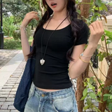 Solid Color Soft Basic Top for Women Summer Skinny Sexy T-shirt U Collar Shirt  Short Sleeve Top for Hot Girl