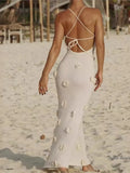Three-dimensional Flower Knitt Backless Lace Up Vestidos Fashion V-neck Vacation Beach Long Dress Sexy Slim Party Dress 2024 New