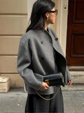Women's Woolen Coats Loose Casual Retro Double Breasted Stand Collar Short Jacket Office Lady Outerwear Autumn Winter