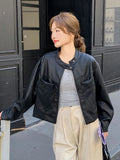 Sweet Biker Pu Jacket Women Vintage Preppy Style Big Pockets Short Coat Casual Korean Long Sleeve Retro O Neck Cute Tops