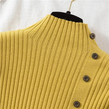 Ribbed Knit Top for Women Pullovers Button Decor Mock Neck Sweater Stretchy Long Sleeve Fitted Jumper Teen-girl Fall Winter