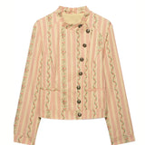 Pbong  Jacquard Stripe Floral Jacket Ruffle Collar Button Front Autumn Women Vintage Sweet  Fashion Outfit Date Trendy Outerwear