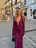 Sexy Hollow Out Ring Link Long Dress For Women Elegant Loose Full Sleeve Backless Maxi Dresses Summer New Vocation Beach Robe