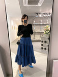 Denim Long Skirt Half Cake Umbrella Skirts for Woman Mid-length Elastic High Waist Dress Korean Fashion Y2k Clothing