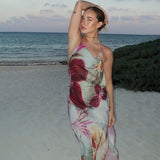 French Fashion Beading Embroidered Chiffon Slip Dress Vhalter Neck Backless Flower Print Vacation Beach Summer Women Dress