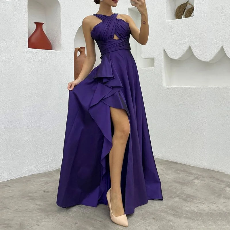 Women Maxi Dress Summer Elegant Solid Cross Tip Up Sleeveless Irregular Pleated Hollow Out Evening Dresses Streetwear
