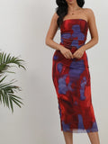 Pbong  Sexy Side Split Printed Mesh Double Layer Women's Dress Midi Length Sleeveless Thick Fabric Milk Fiber Chinese Production