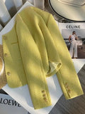 Yellow Sweet Tweed Jacket Women Elegant Retro Slim Long Sleeve Short Coat Korean O Neck Casual Fall Female Vintage Outwear